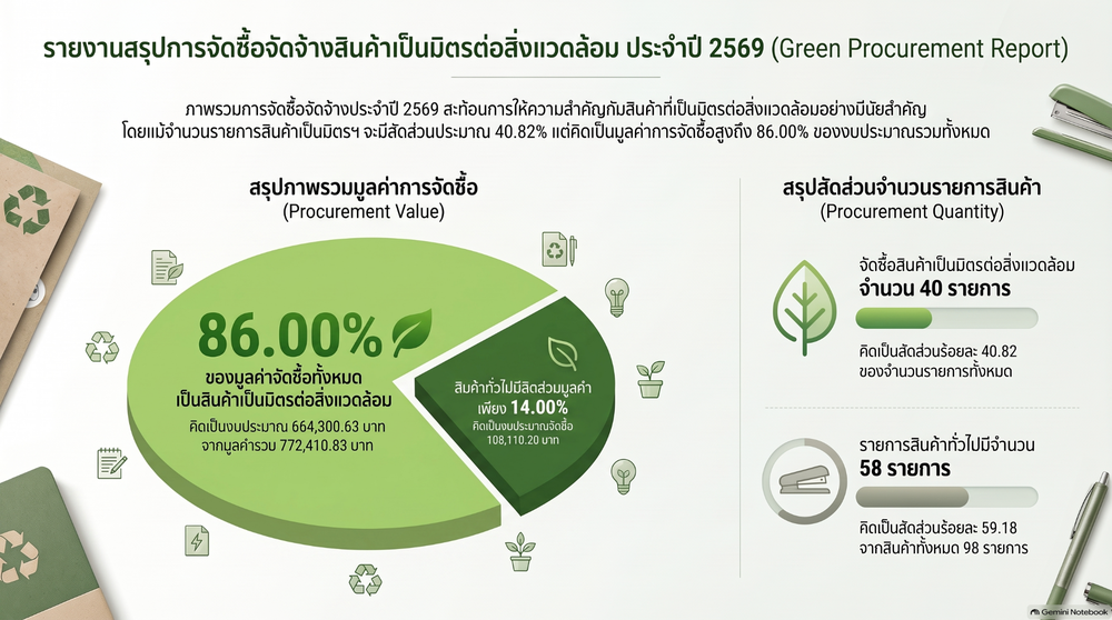 (3) สรุปข้อมูลการจัดซื้อทั้งหมด และคำนวณจำนวนร้อยละสินค้าที่เป็นมิตรกับสิ่งแวดล้อม โดยจะต้องแสดงให้เห็นถึงรายก